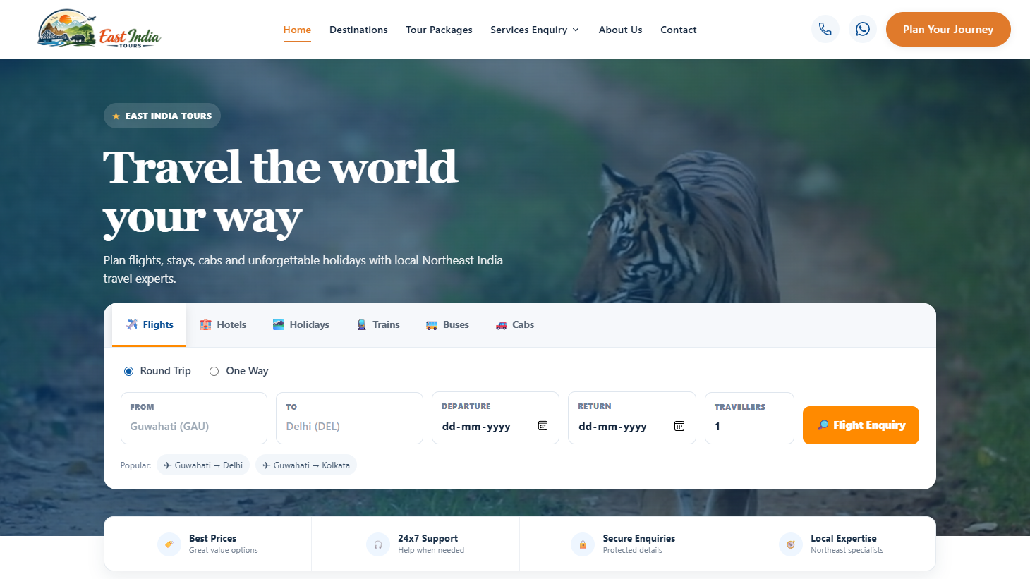 East India Tours website homepage